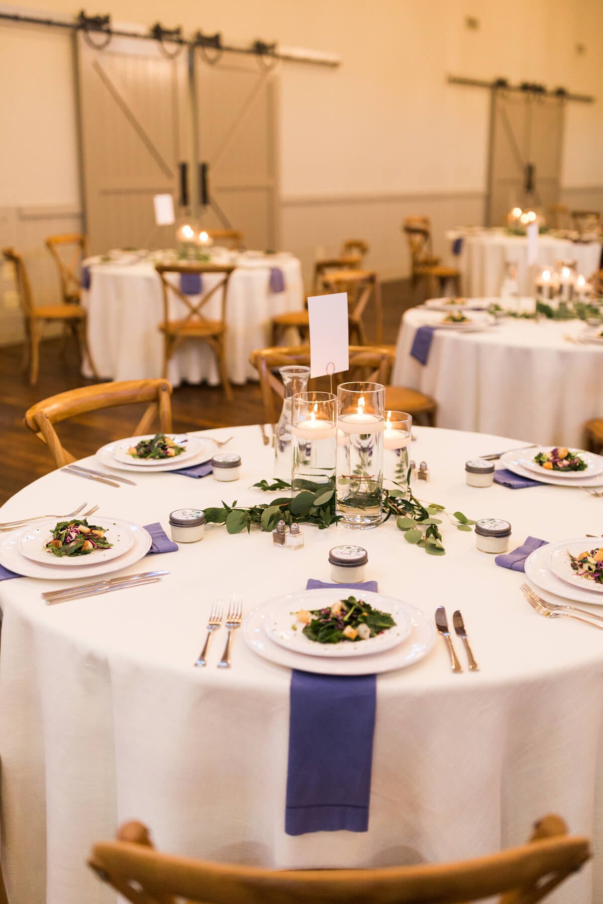 White and blue reception decor | Fall Wedding at King Family Vineyards by Virginia Photographers