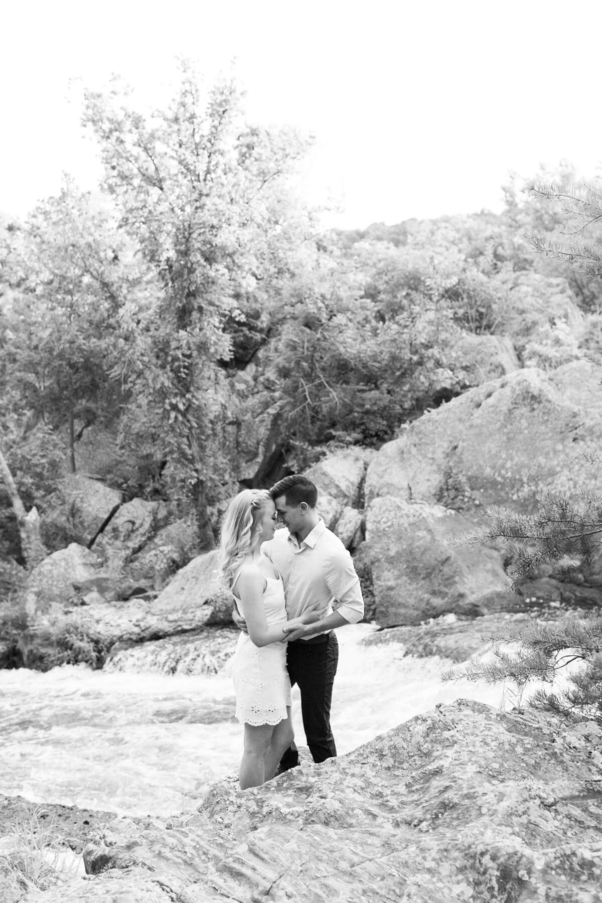 Black and white engagement photo at Great Falls