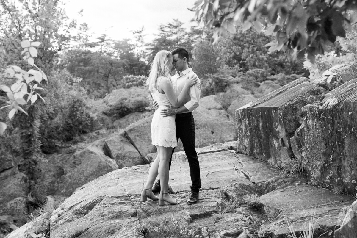 Black and white engagement photo at Great Falls